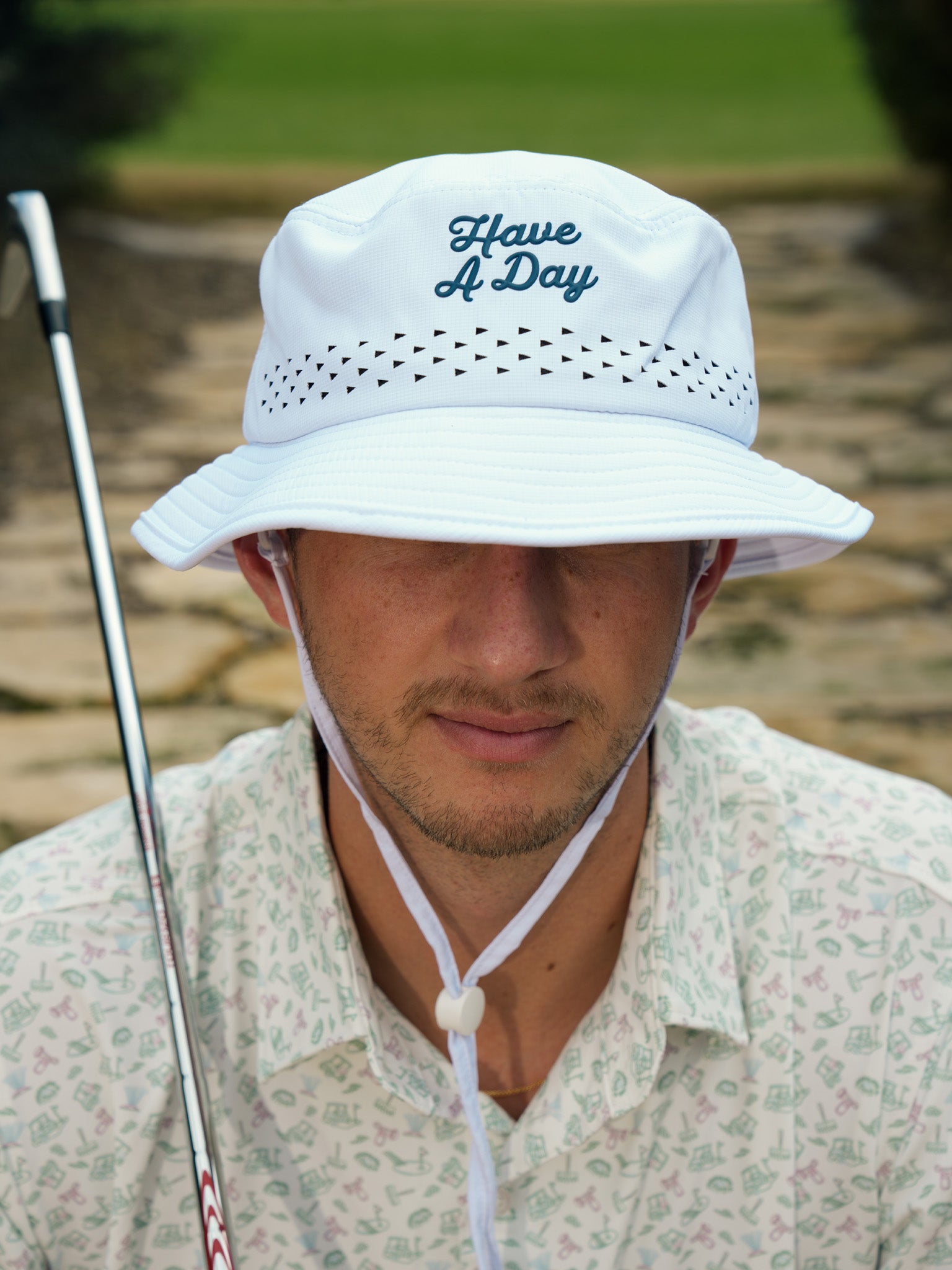 Have A Day White Perforated Bucket Hat - Breezy Golf